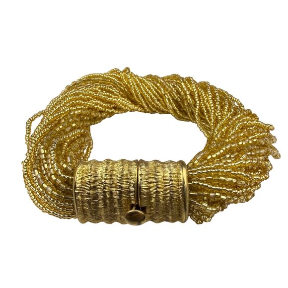 Gold Tone Multistrand Seed Bead Womens Collar Necklace & Bracelet Vintage Set - Picture 5 of 7